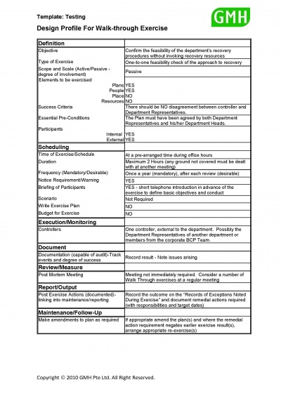walkthrough test profile sample continuity template report bcp plan disaster recovery dr glossary bcm risk assessment folder contingency methodology maintenance